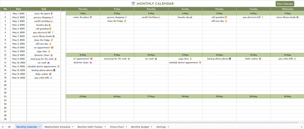 Monthly Calendar (Auto-Updating)