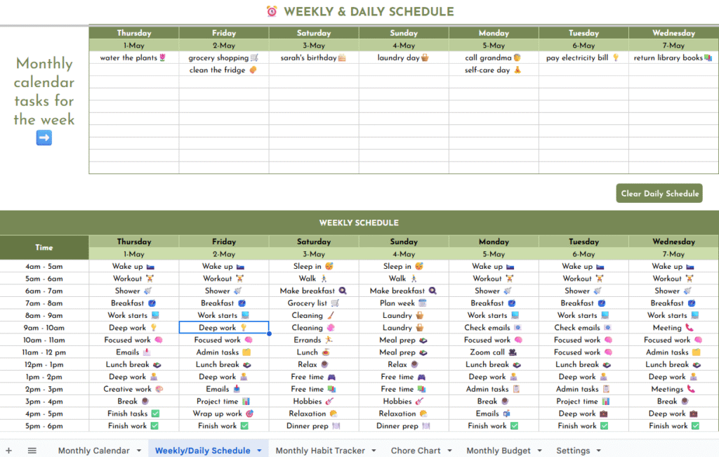 Weekly + Daily Schedules (4 AM–12 AM)